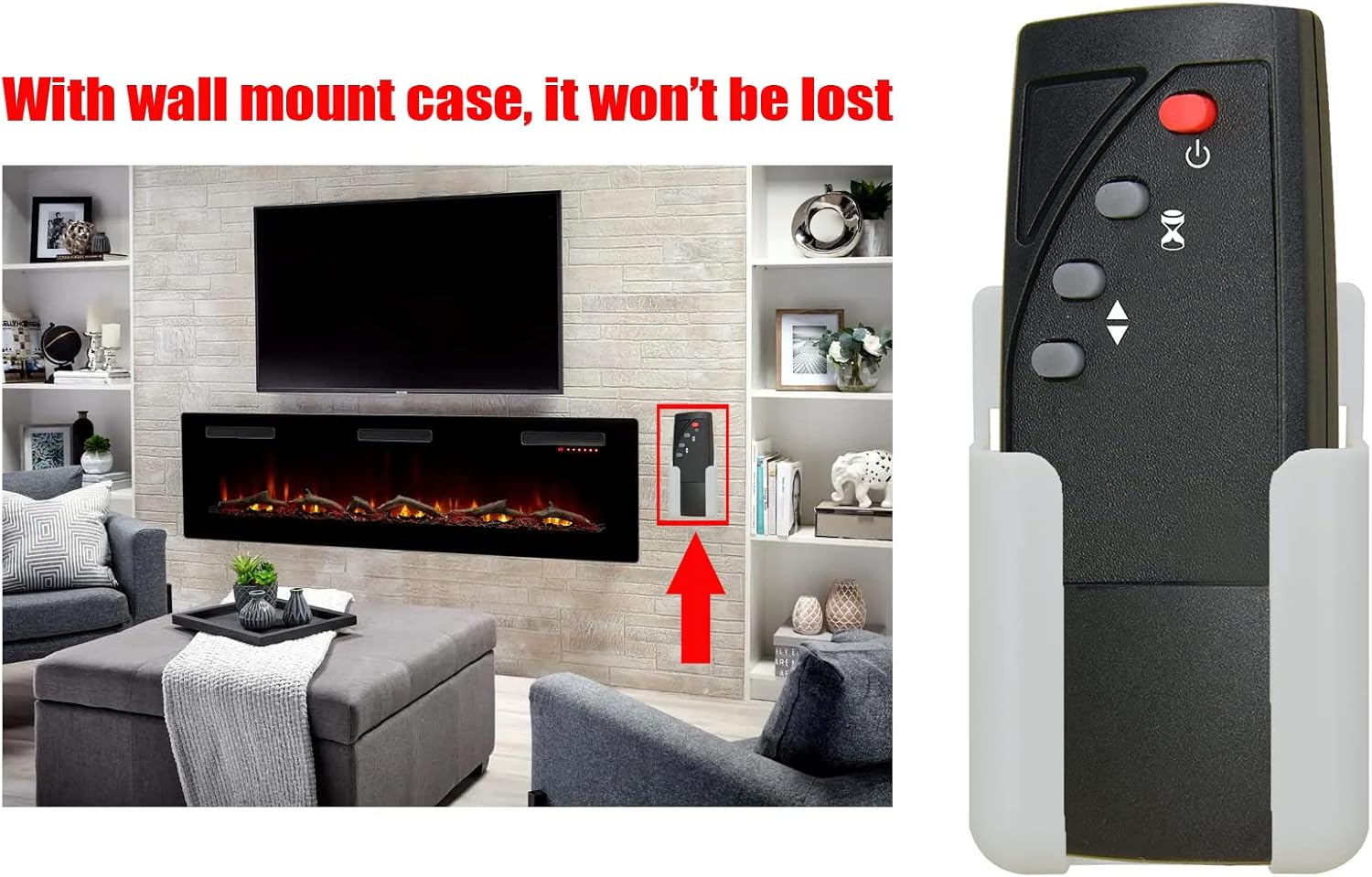 GENGQIANSI Replacement Remote Control in wall mount installed next to an electric fireplace