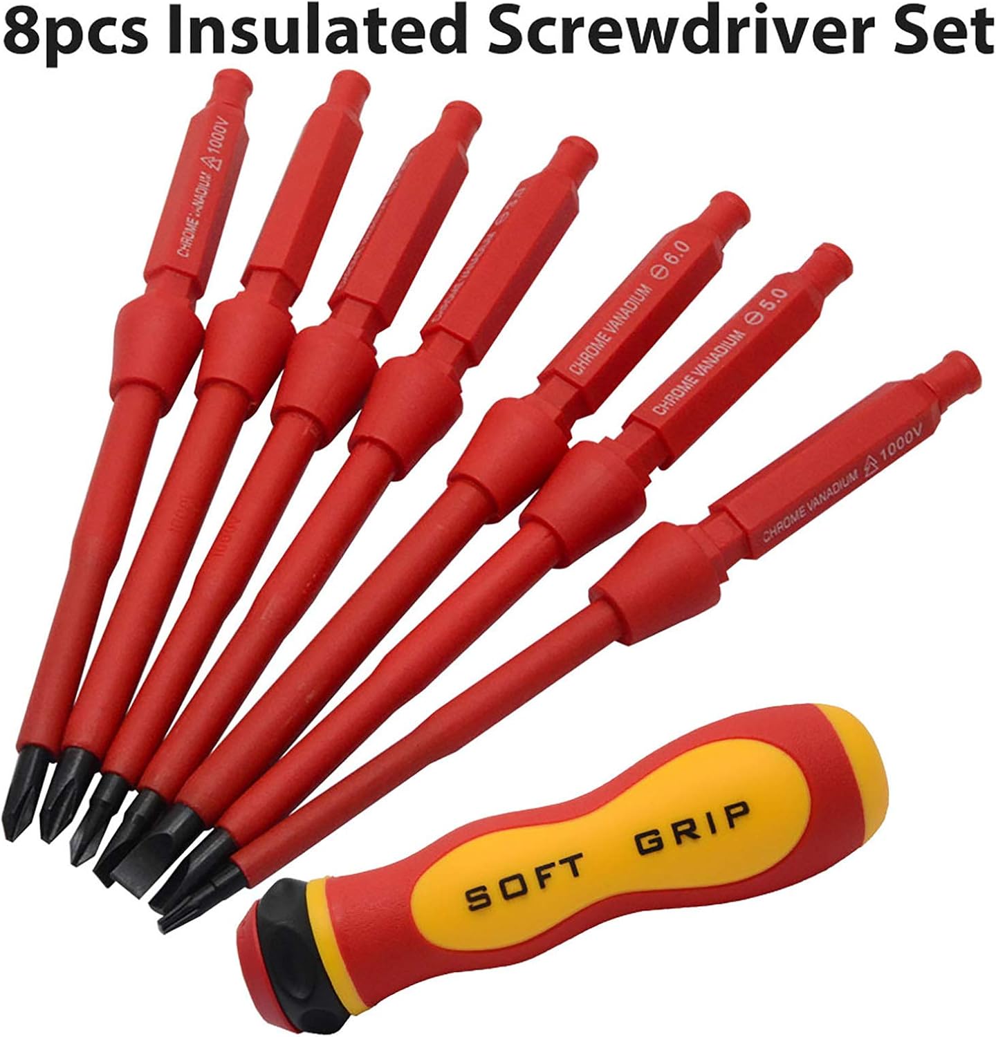 8 Pcs Slotted And Insulated Screwdriver Set 1000 V with Magnetic Tips & Soft Grip, Safety Tester for Electrician Repair Insulated Electrician Screwdrivers Set