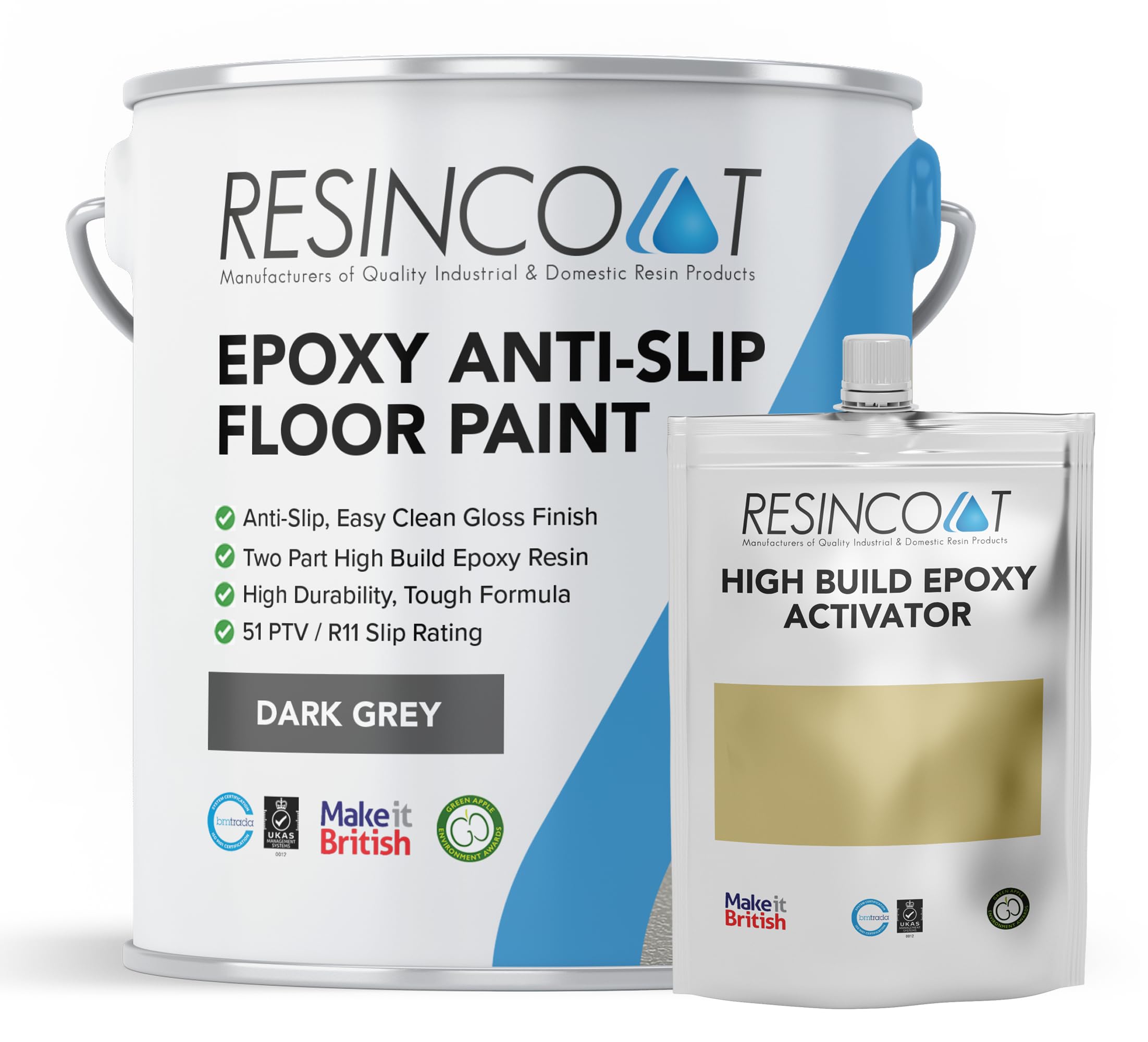 Resincoat Anti Slip Epoxy Floor Paint – 2-Part Textured Resin Coating for Concrete – Hard Wearing, High Build, Non-Slip Finish – Easy DIY Application – Made in the UK - Light Grey - 2.5kg