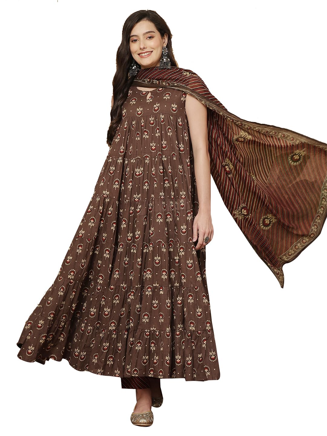 Women's Cotton Calf Length Printed Round Neck Anarkali Kurta Suit Set-image-42