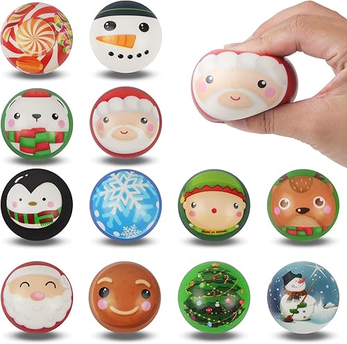 Anboor 12 bolas de estrés de Navidad, muñeco de nieve, Papá Noel, kawaii, regalos de fiesta de Navidad, regalos de relleno de bolsas de regalos
