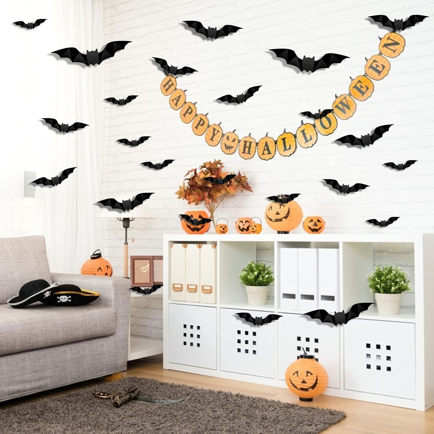 Lot De 96 Autocollants Chauve-souris 3D Halloween - 4 Tailles, PVC Réutilisable - Décoration Mur Et Fenêtre - 8