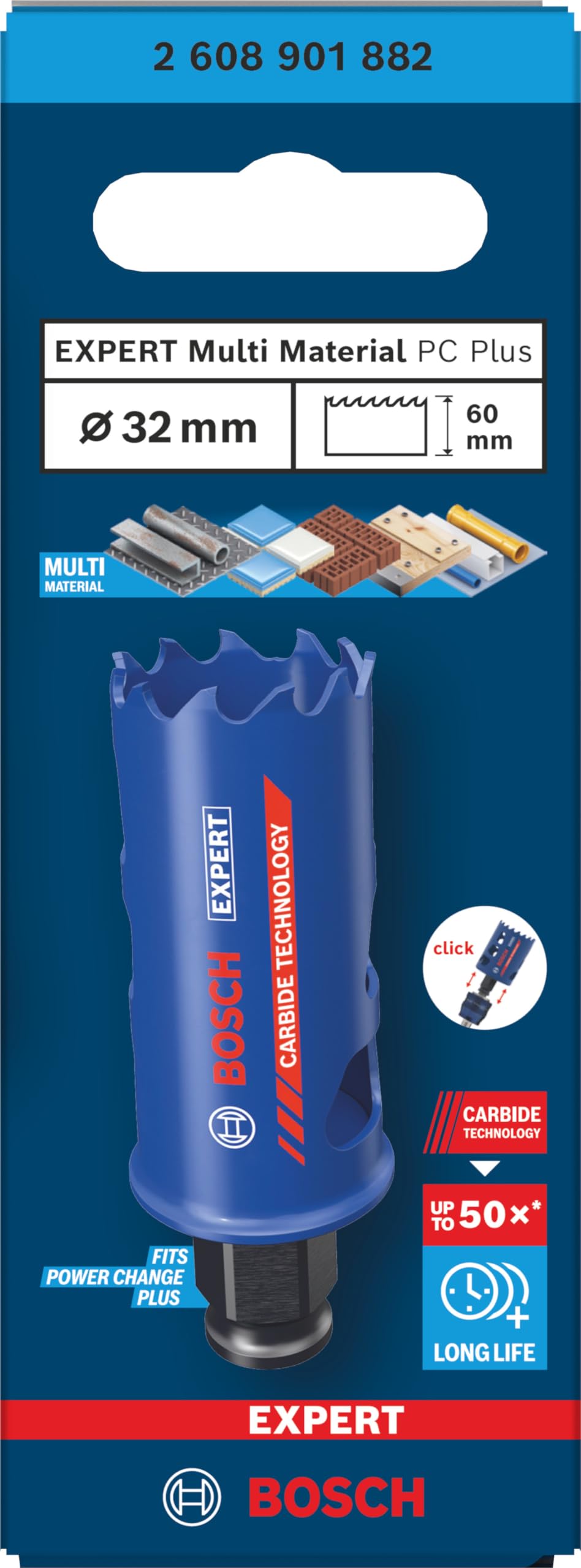 Bosch 1x Sierra de corona EXPERT Multi Material Power Change Plus (para Madera con metal, Ladrillo, Ø 32 mm, Professional Accesorios Taladro)
