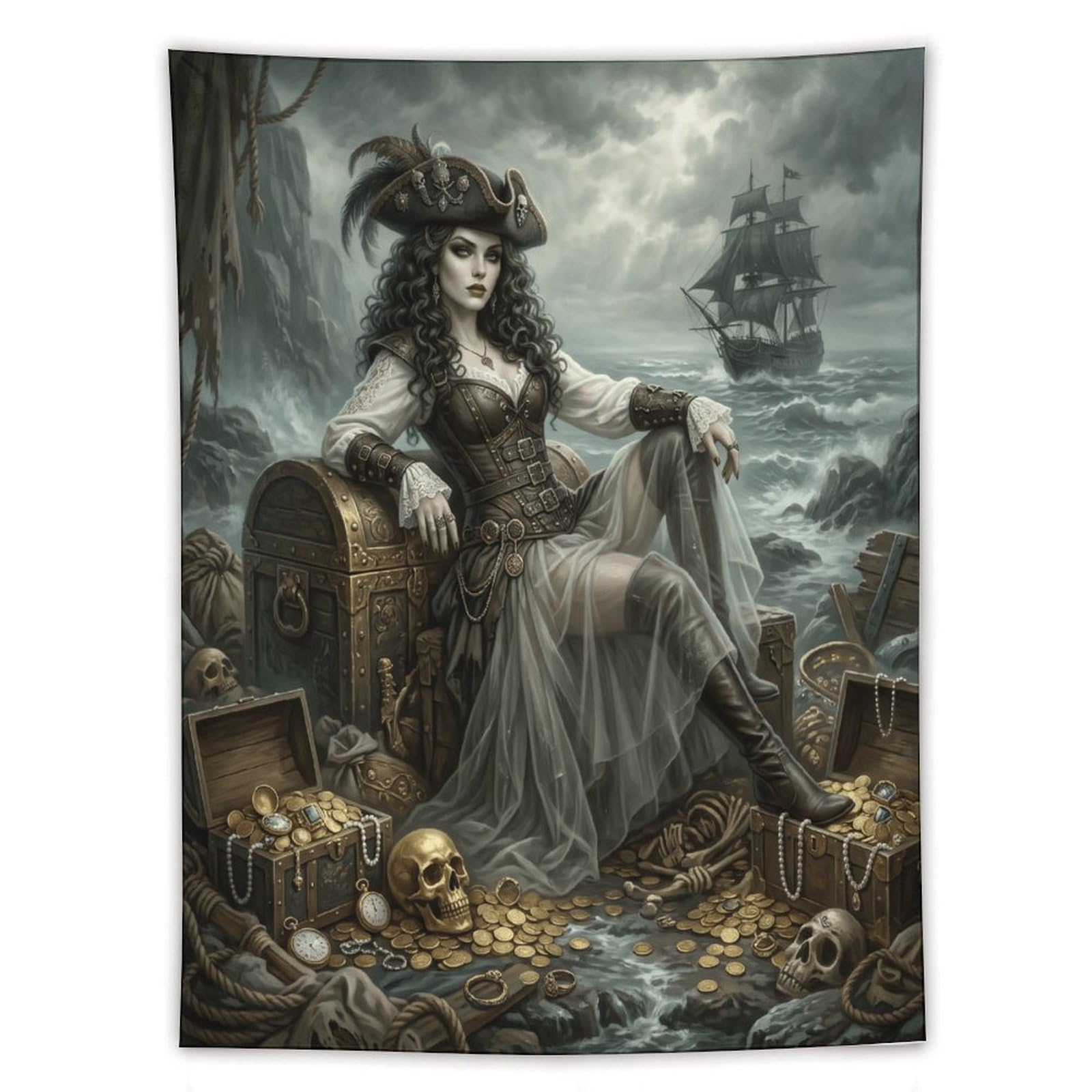H3B8U2Y5 Pirate Queen Treasure Chest Wall Tapestry, Stormy Ship