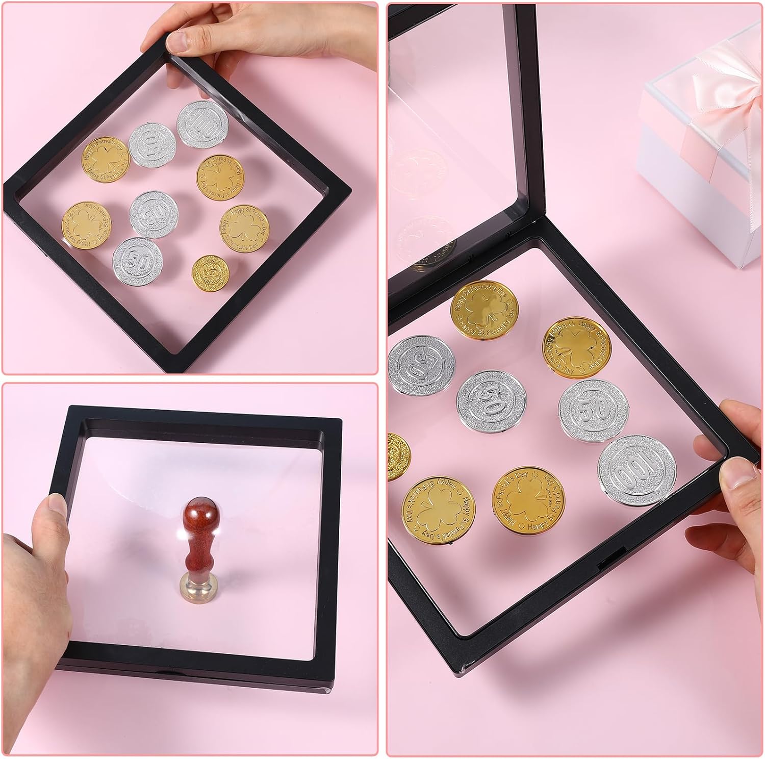 12 Pcs Black 3D Floating Display Case Frame, 7 Inch Plastic Holder Stands, Jewelry Storage Box with Base for Challenge Coins, Medallions, Jewelry, Collectibles and More