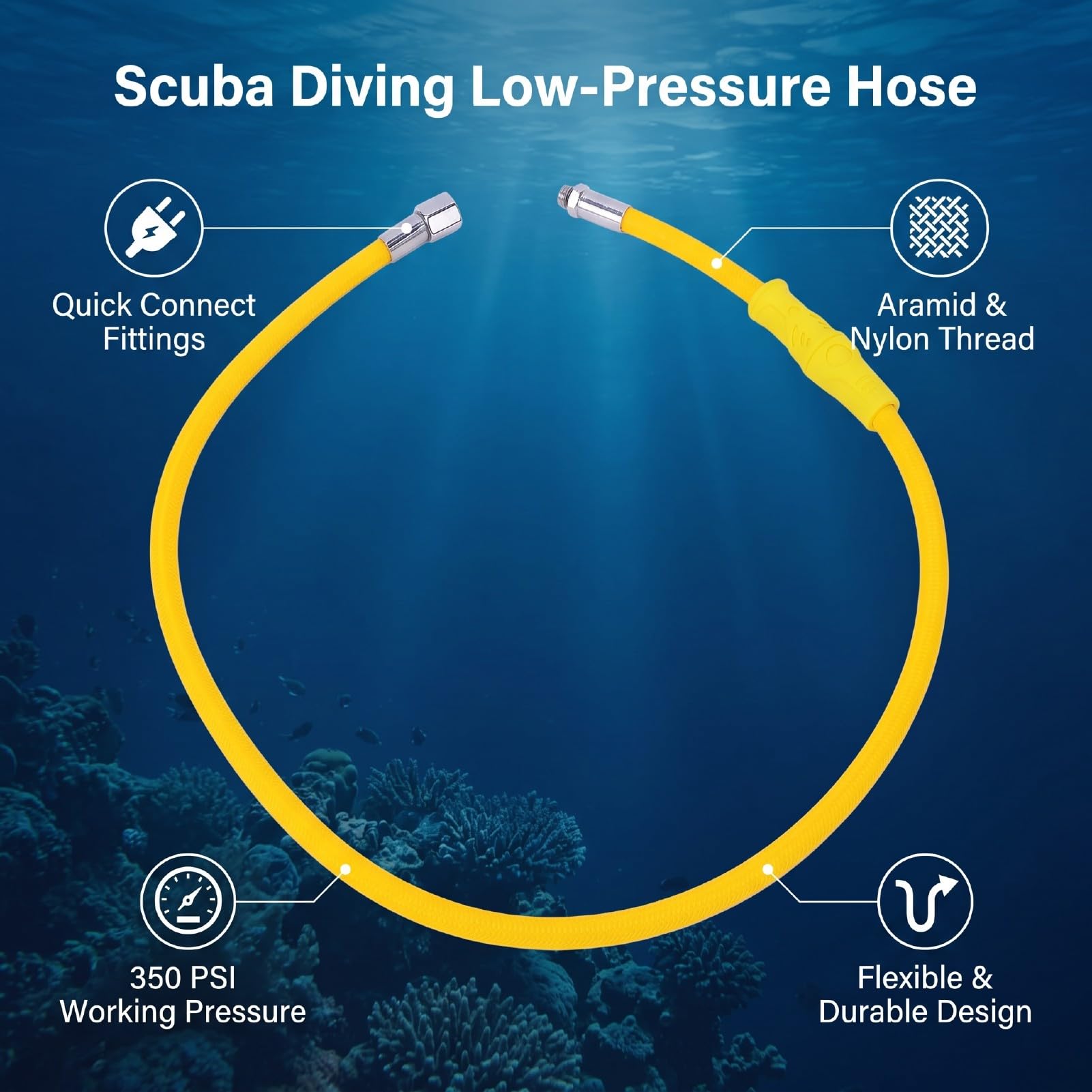 Tubo Flessibile per Immersioni Subacquee a Bassa Pressione 350 Psi | Costruzione in Aramide e Nylon, Resistenti All'acqua di Mare, Connettori Maschio-femmina, Attrezzatura GAV, Accessori per