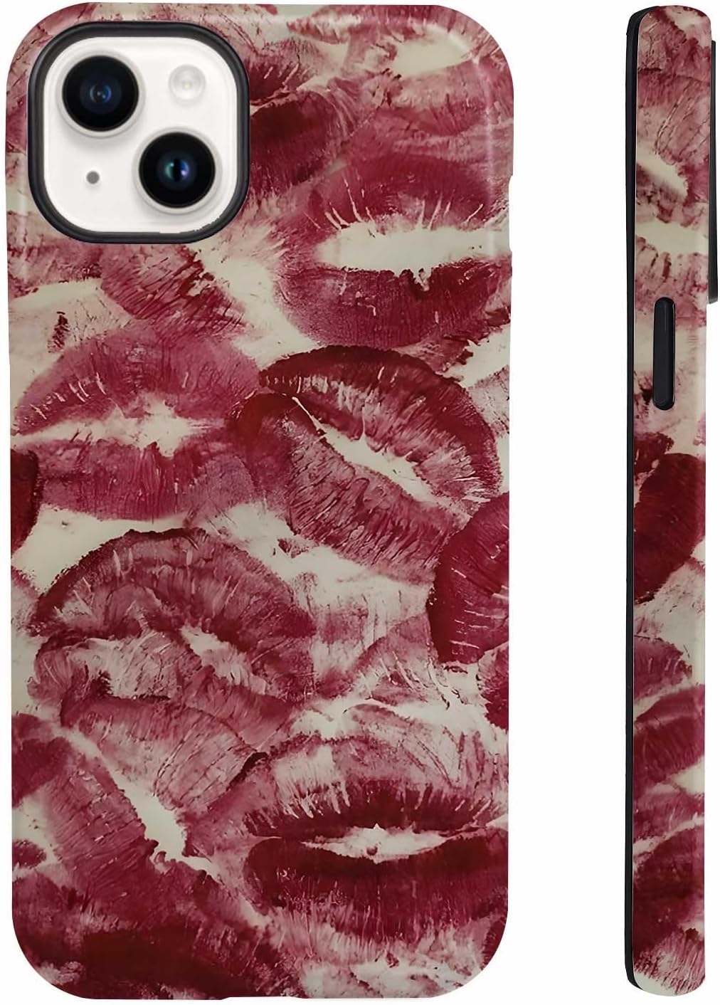 Cute Wine Red Lip Print Kiss Marks Aesthetic Phone Case for iPhone 13 Mini/12 Mini (5.4"), Shockproof Soft TPU & Hard PC Hybrid 2-Layer Protective Phone Cover for Teen Girls Women