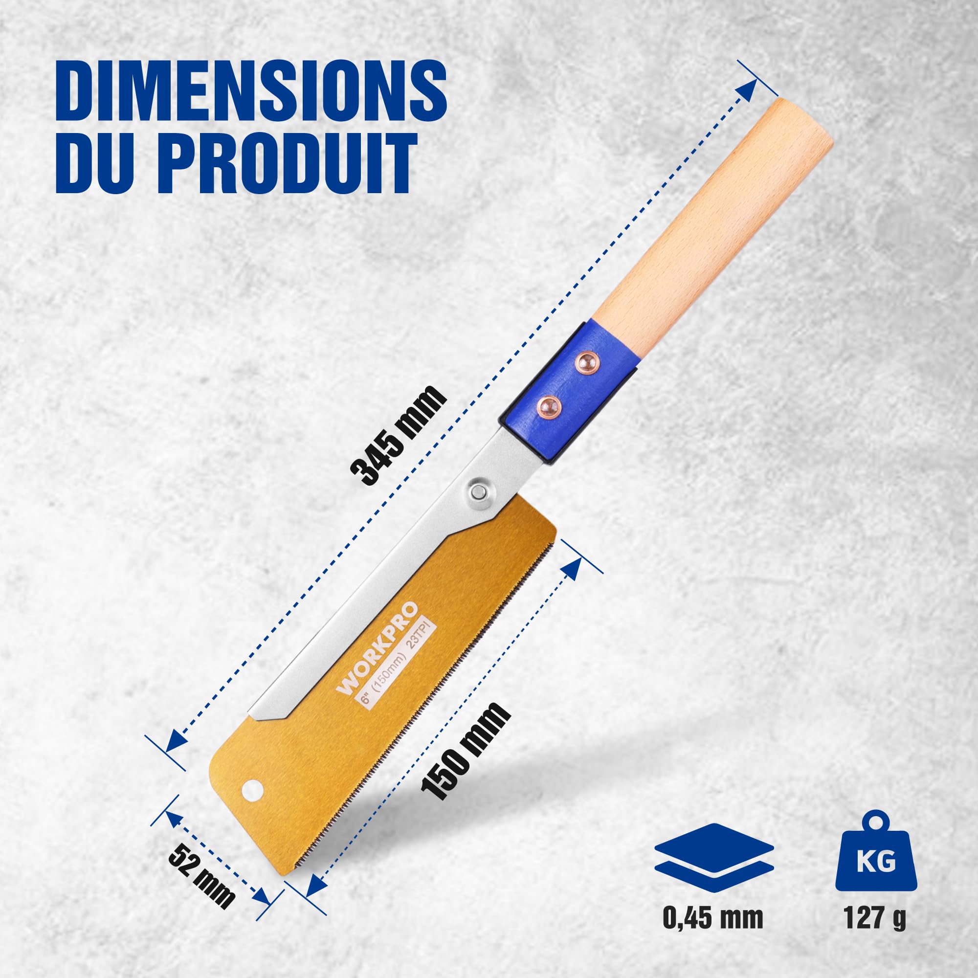 WORKPRO Scie à Queue d'Aronde 150 mm, Scie à Main Japonaise, Lame SK5 de 0,45 mm d'Épaisseur, avec Trou de Suspension, Découpes Fines, Manche en Bois de Hêtre