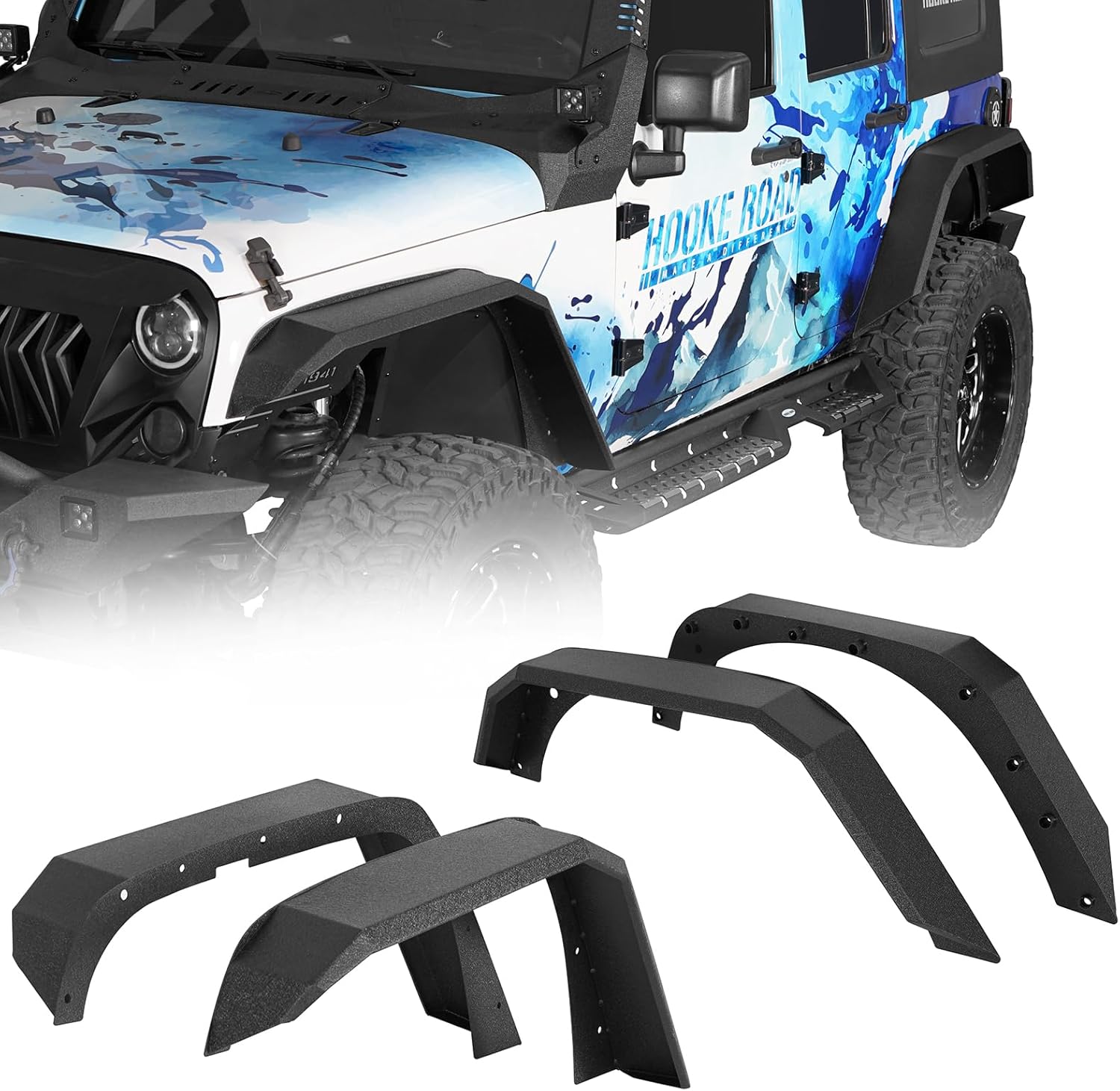 Hooke Road Enhanced Flat Fender Flares Front & Rear Wheel Fenders for 2007-2018 Jeep Wrangler JK 2/4 Doors