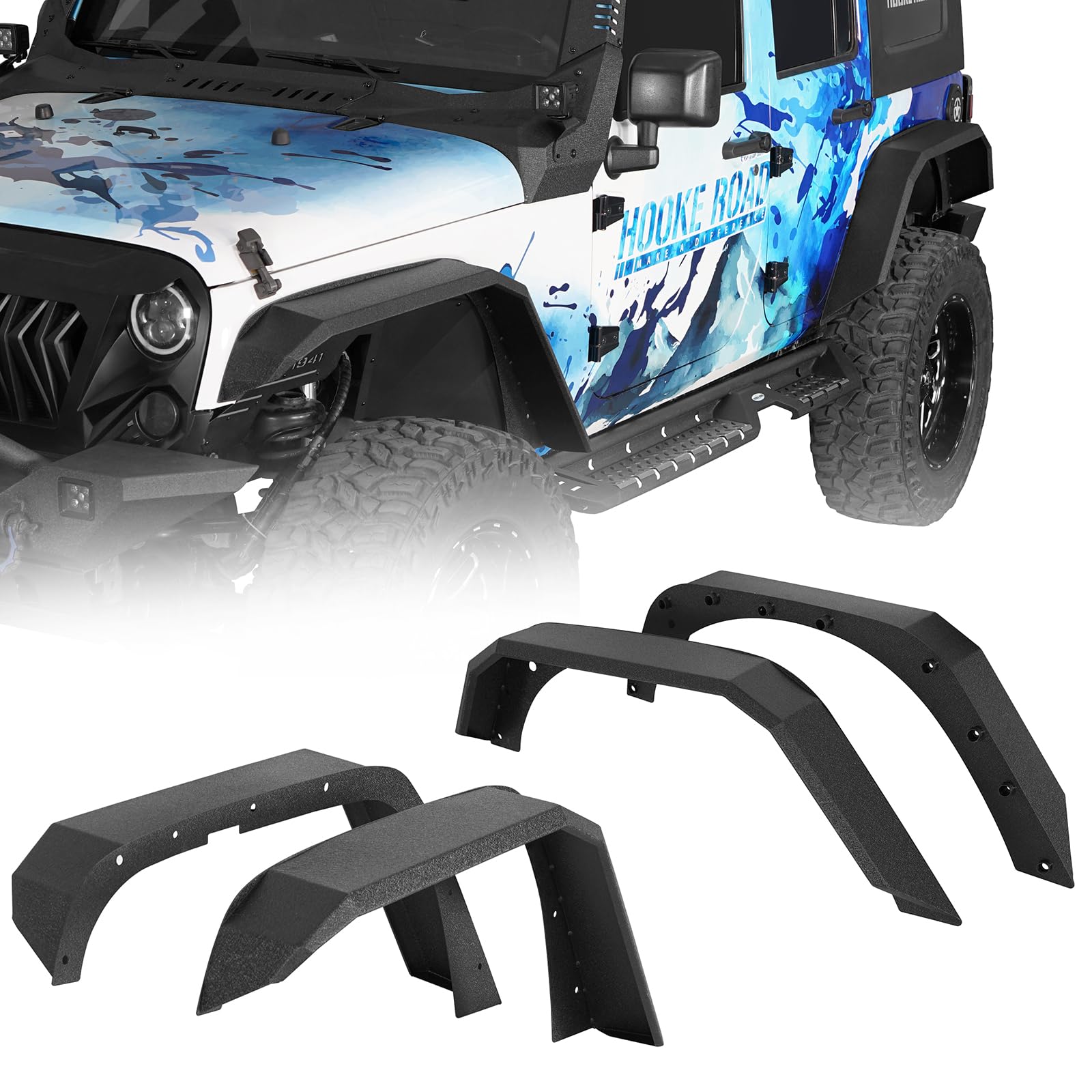 Hooke Road Flat Fender Flares for 2007-2018 Jeep Wrangler JK 24 Doors | Front & Rear Steel Fenders Enhanced Flat Style Offroad Wheel Guard Extra Tire Clearance Moderate Drilling Install product thumbnail 2