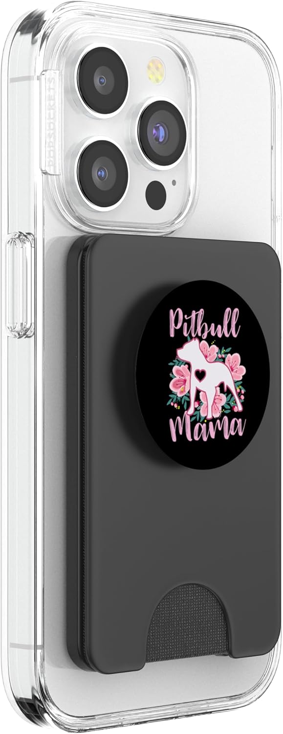 Pitbull Mama Pink Flowers Black background Cute Dog Mom PopSockets PopWallet for MagSafe