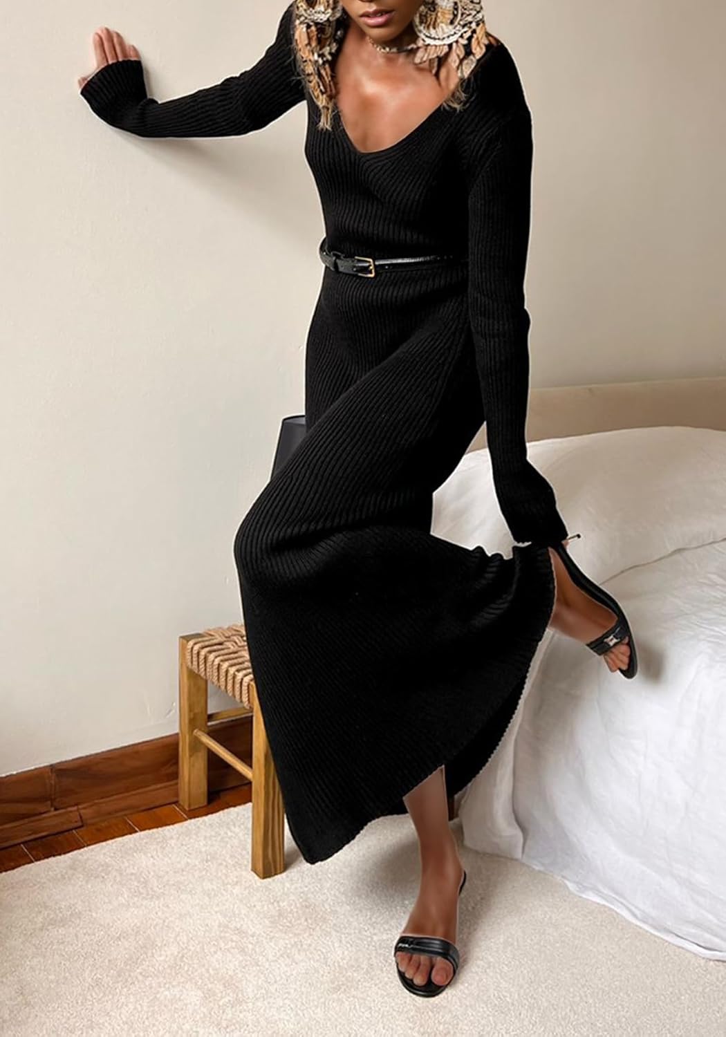 Womens Fall Sweater Dress Casual Long Sleeve V Neck Ribbed Knit Maxi Dress Bodycon Elegant Long Dresses Winter - Image 3