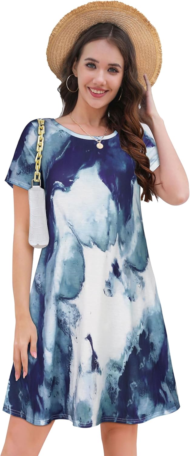 Summer Dresses for Women Casual Tshirt Short Sleeve Floral Sundress Beach Cover Ups with Pockets - Image 2