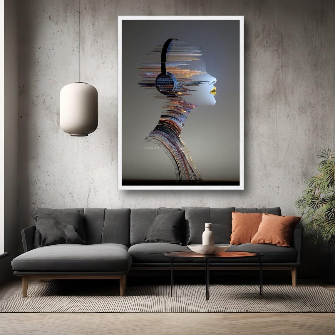 XINBAO Abstrakcyjny profil kobiety obraz na płótnie, futurystyczny zestaw słuchawkowy sztuka ścienna portret muzyczny wystrój domu artystyczny design (21 x 30 cm/wewnętrzna rama)