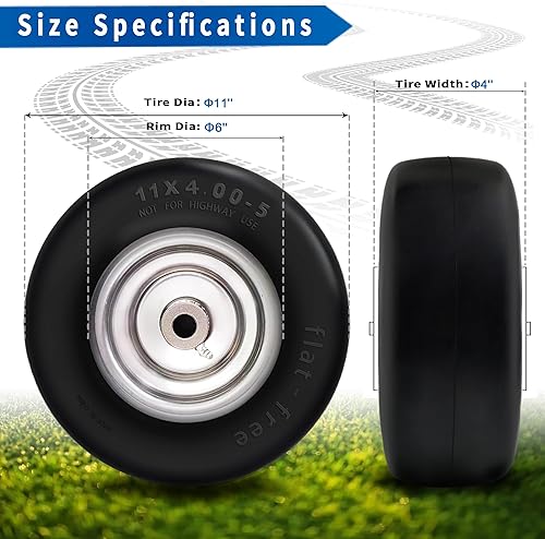 Miniatura 2 de 2Pcs Premium 11x4-5 Lawn Mower Tires Flat Free & Zero Turn Mowers, with 34" & 58" Grease Bushing and 3.4"-4.8" Centered Hub, Solution for Commercial