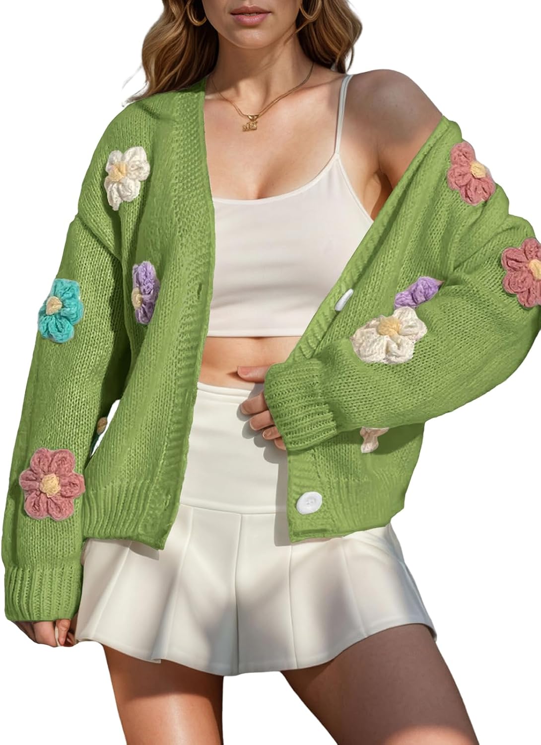 ebossy Women's Ribbed Knit Cardigans Embroidery Aesthetic Pretty Flowers Applique Button Up Sweater Coat