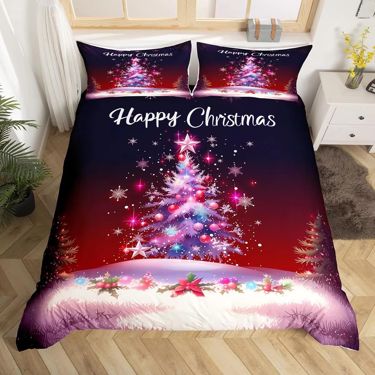 Housse de couette Joyeux Noël 260x240 en microfibre avec parure de lit rouge