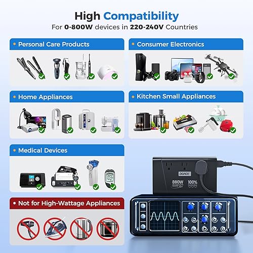 Miniatura 3 de DOACE Convertidor de voltaje de onda sinusoidal pura de 800 W, convertidor de 220 V a 110 V para viajes europeos, transformador reductor sin