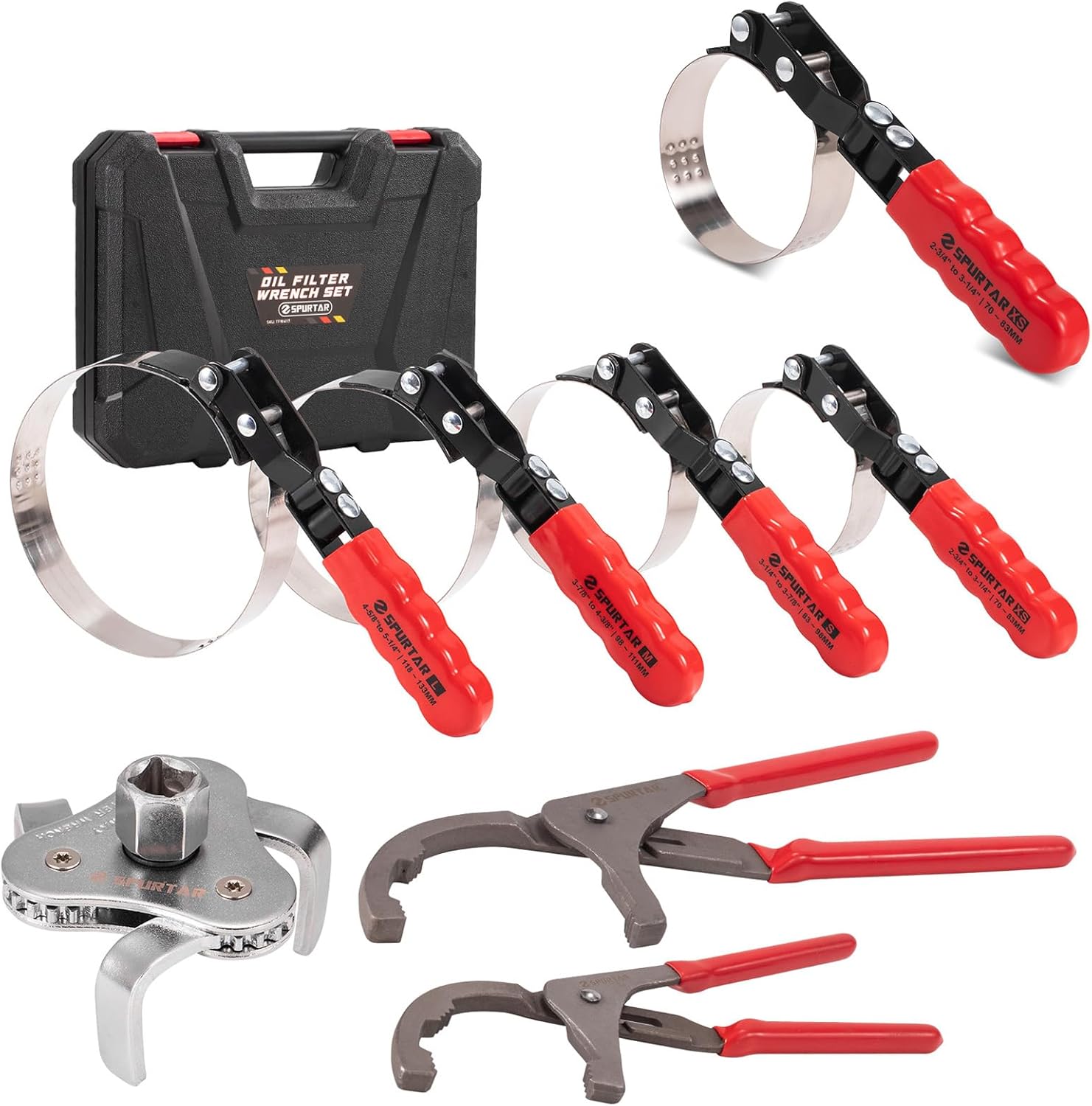 Spurtar Swivel Oil Filter Wrench Set of 8, Adjustable Wrench 2-3/4" to 5-1/4" (70-133mm), 9" & 12" Universal Oil Filter Pliers, 3-Jaw Oil Filter Removal Tool for 4S Shop Auto Repair Mechanic DIY