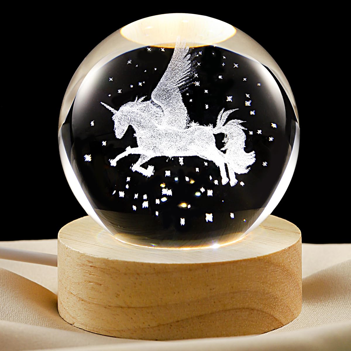 3D Pegasus Crystal Ball Lamp with Dimmable LED and Wooden Base, Night Light for Kids Teens Adults, Home Desk Office Bedroom Decor, Birthday Gift (2.4”/ 6cm)