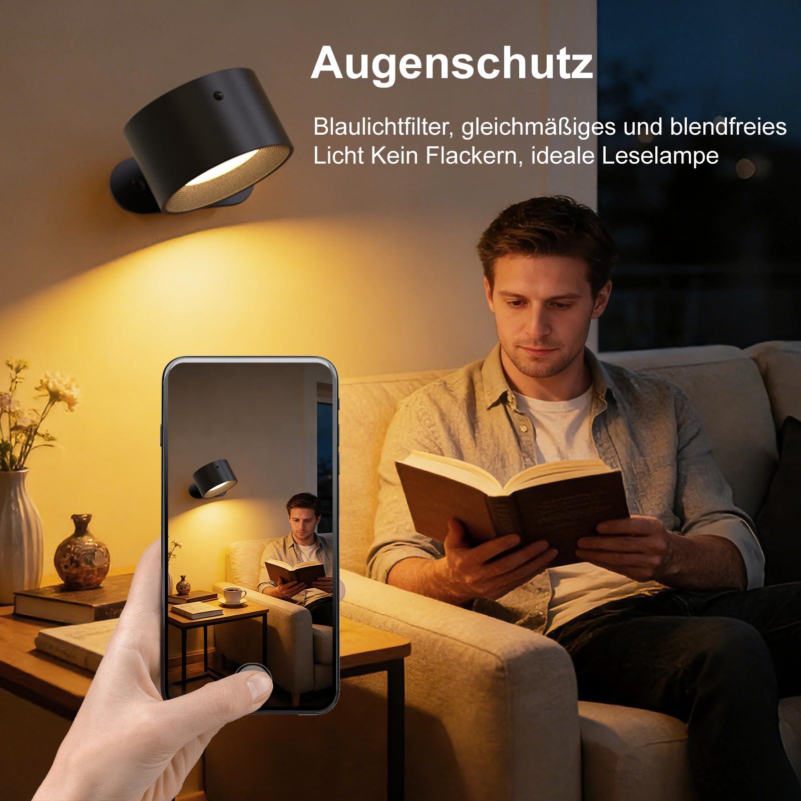 Wandleuchte Innen, Wandlampe mit Fernbedienung Dimmbar mit Akku mit USB-Ladeanschluss, Led Wandleuchte Touch Control 3 Helligkeitsstufen 3 Farbmodi 360° drehbare für Wohnzimmer Schwarz 2 Stück