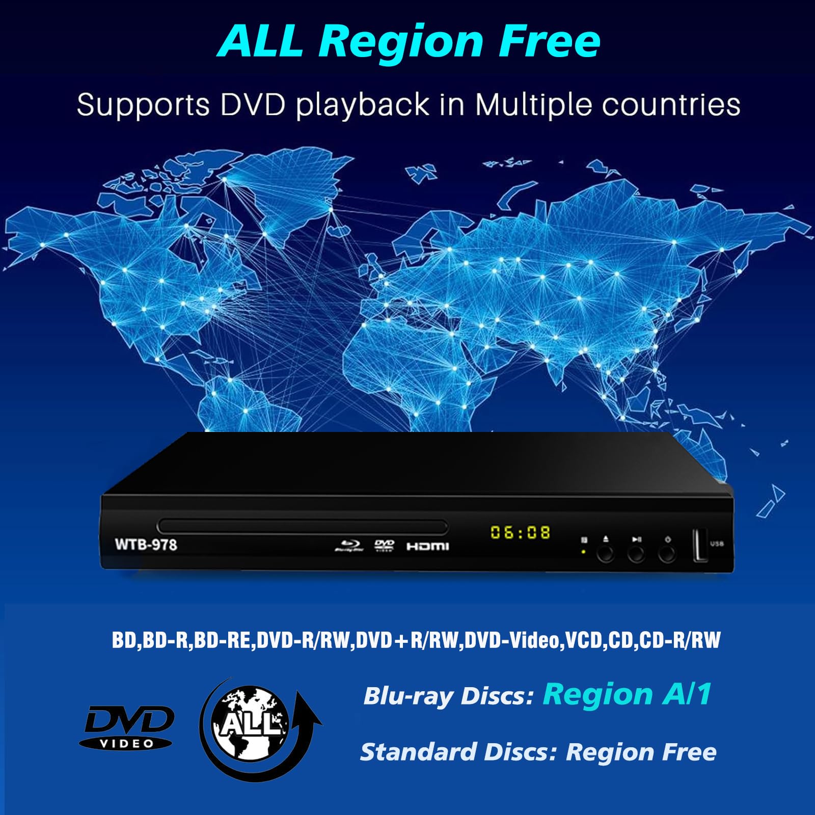 WIITHINK WTB-978 Reproductor de DVD y Blu-ray HD 1080P con