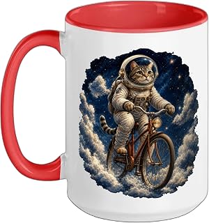 Surreal Astronaut Cat Riding Bicycle in Space Ceramic Mug, Red/White, 15oz