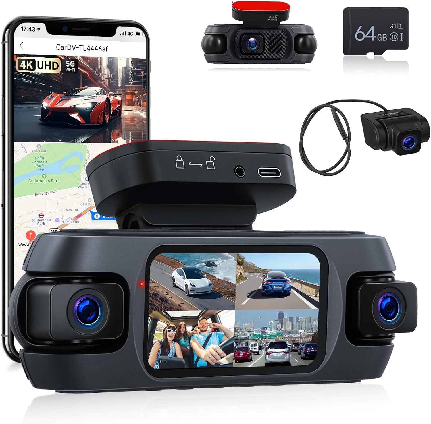 4K 360°Dash Cam Front Rear Left Right Inside with WiFi GPS, 4 Channel 4K Ultra HD Dash Camera for Cars Night Vision, G Sensor, 24/7 Parking Mode, Loop Recording+64GB TF Card