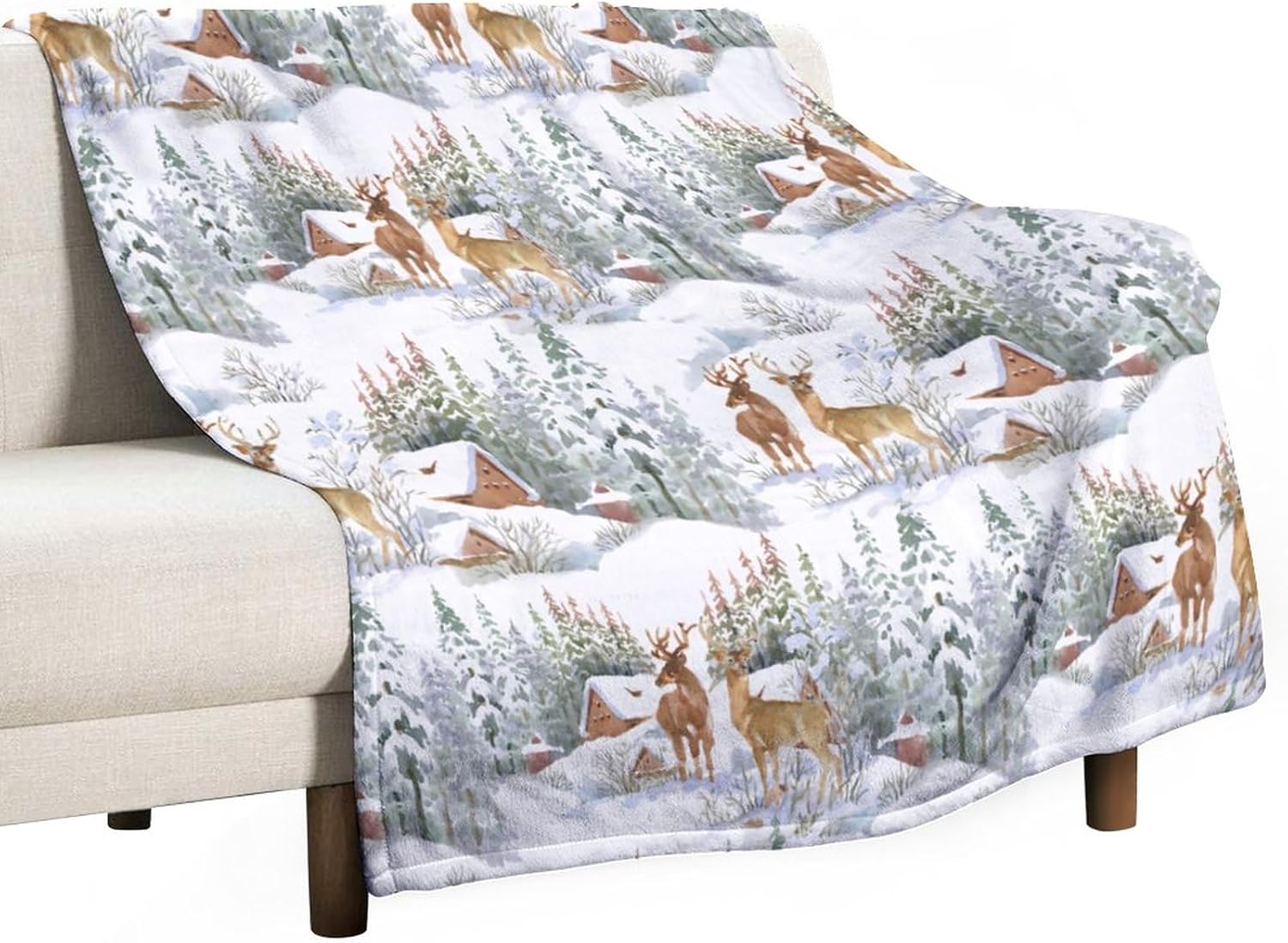 Deer Blanket Watercolor Winter Forest Wild Animal Rustic Farmhouse Green Soft Cozy Lightweight Throw Blanket for Bedroom Living Room Dorm Chair Sofa Travel 70x80in