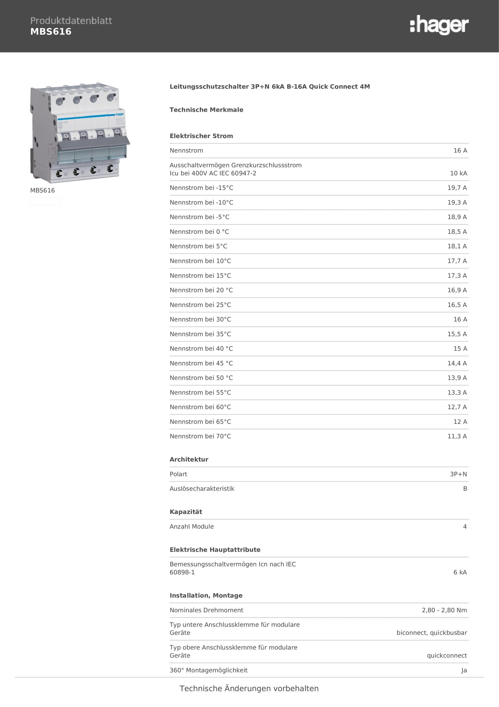Hager Leitungsschutzschalter 3polig+N 6kA B-Charakteristik 16A Quick Connect MBS616