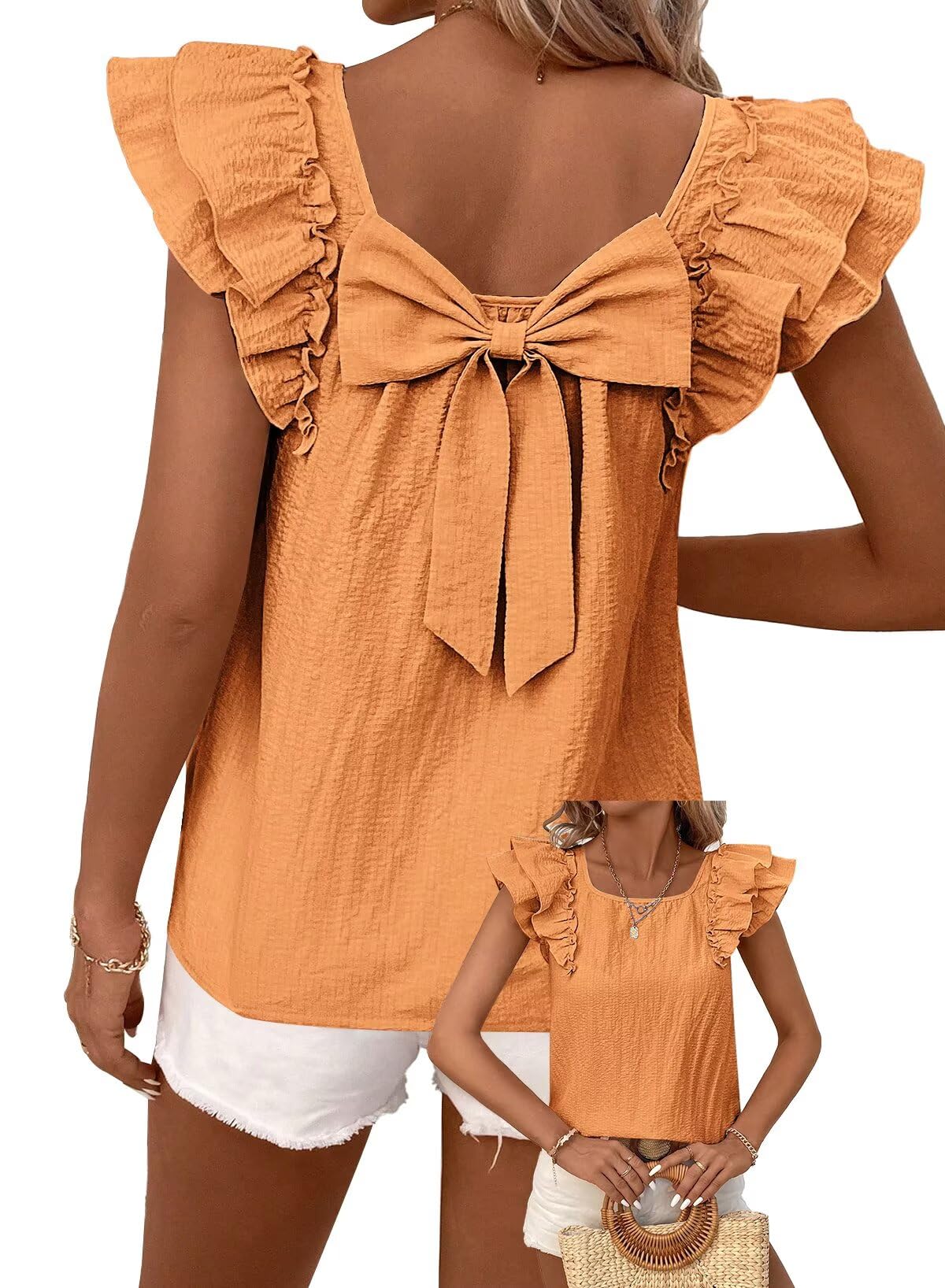 TUUHAW Top Damen Sommer Süße Oberteile Rundhals T-Shirt Kurzarm Bluse mit Rüschen Tunika Lässige Outfits Chiffon Puffärmel Rücken-Schleife Kleidung