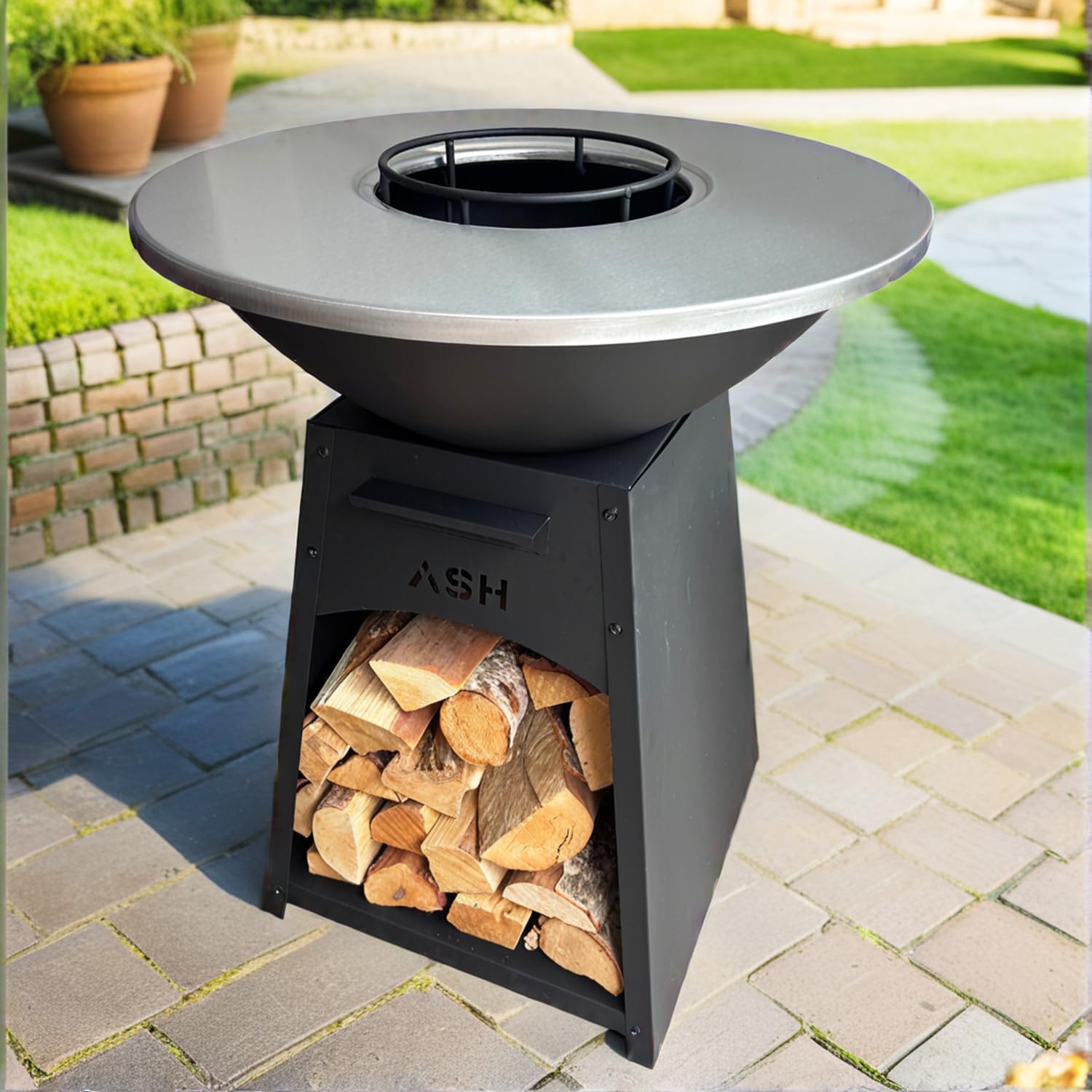Plancha - BBQ - Grill - ASH NOVA XL - Plaque de Brasero - Barbecue Noir - Outdoor - Cheminée de Jardin - Rangement Bois - Aspect Luxe