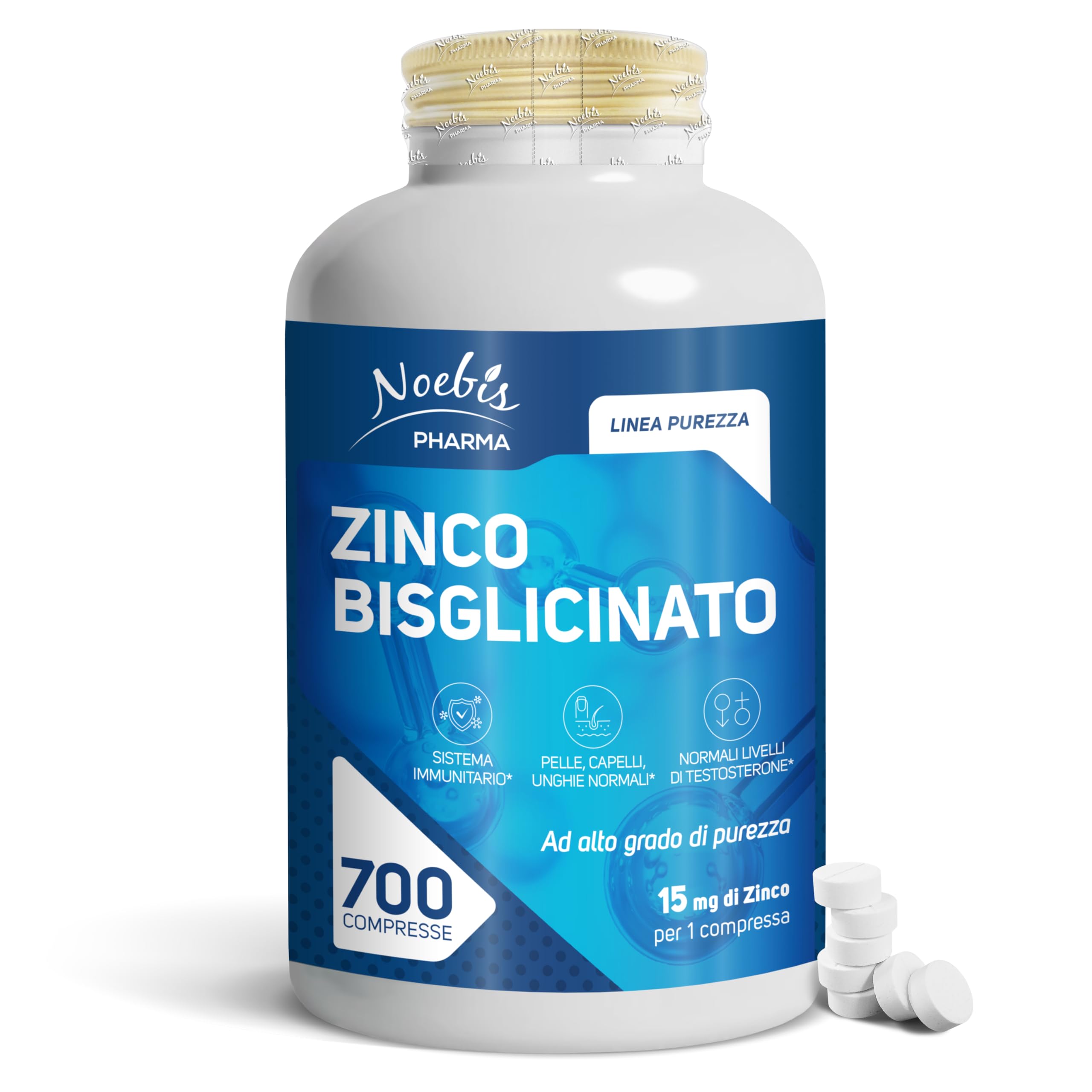 Zinco Bisglicinato Noebis Pharma - 15 mg di Zinco per Compressa - 700 Compresse - Sistema Immunitario, Pelle Capelli Unghie (Confezione da 6)