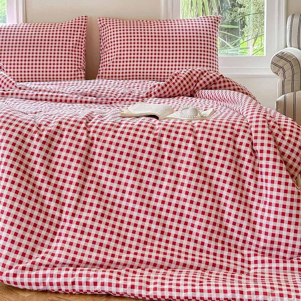NSNLGSGC Red Gingham Cotton Comforter Set Queen, 100% Washed Cotton Plaid Checked Comforter Bedding, 3 Pieces Vintage Farmhouse Grid Bedding Set(Red Gingham, Queen) - Image 2