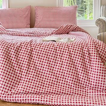 NSNLGSGC Red Gingham Cotton Comforter Set King, 100% Washed Cotton Red Plaid Checked Comforter Bedding, 3 Pieces Vintage Farmhouse Grid Bedding Set(Red Gingham, King)