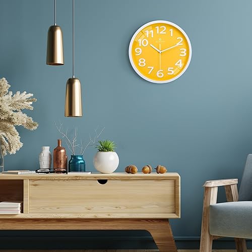 Miniatura 4 de Lafocuse Reloj de pared amarillo con números 3D de 12 pulgadas para decoración de sala de estar, moderno reloj de pared de cocina, funciona con