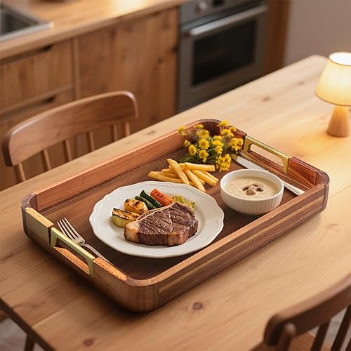 Miniatura 6 de Bandeja de madera de acacia con asas de metal, bandeja de bebidas de alimentos de 17 x 12 pulgadas para mesa de café, desayuno, cena y bar, bandeja