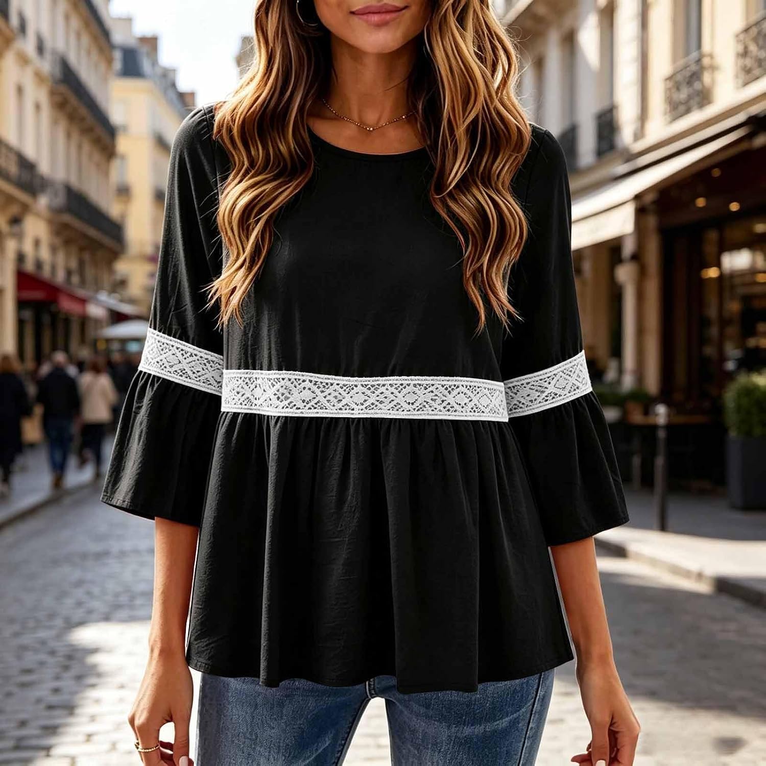 Women's Crew Neck Tops Casual Loose Fit Ruffle 3/4 Sleeve T Shirt | Comfy Soft Plus Size Lightweight Tunic Vacation Travel Blouses Lace Hollow Out Pleated Peasant Clothes
