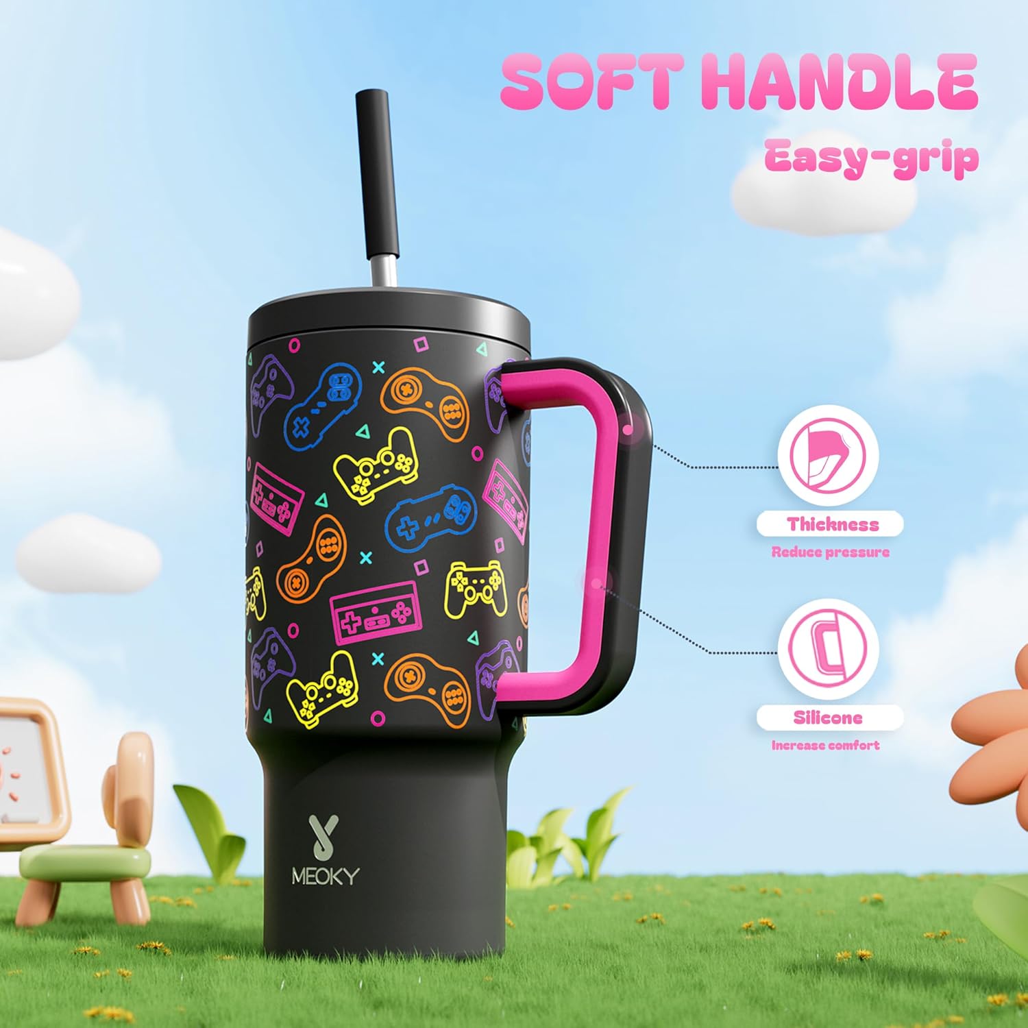 Meoky 24 oz Tumbler with Handle for Kids: Glow in the Dark Tumbler with Lid and Straw - Keeps Cold for 24 hours - Stainless Steel Travel Mug BPA-Free for Travel Car Cupholders - Boys Students, Game - Image 6