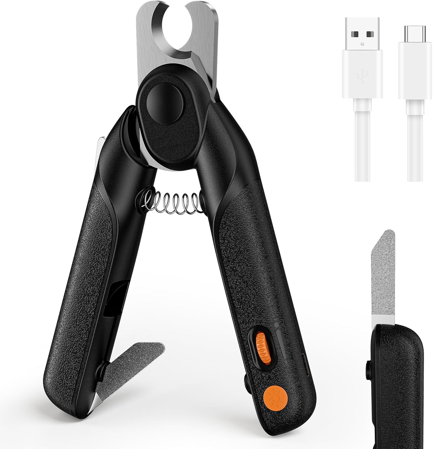 Dual-LED Pet Nail Clippers with Stepless Brightness Adjustment, Side Lock & Retractable File, Anti-Slip Handles for Dogs and Cats (Black)
