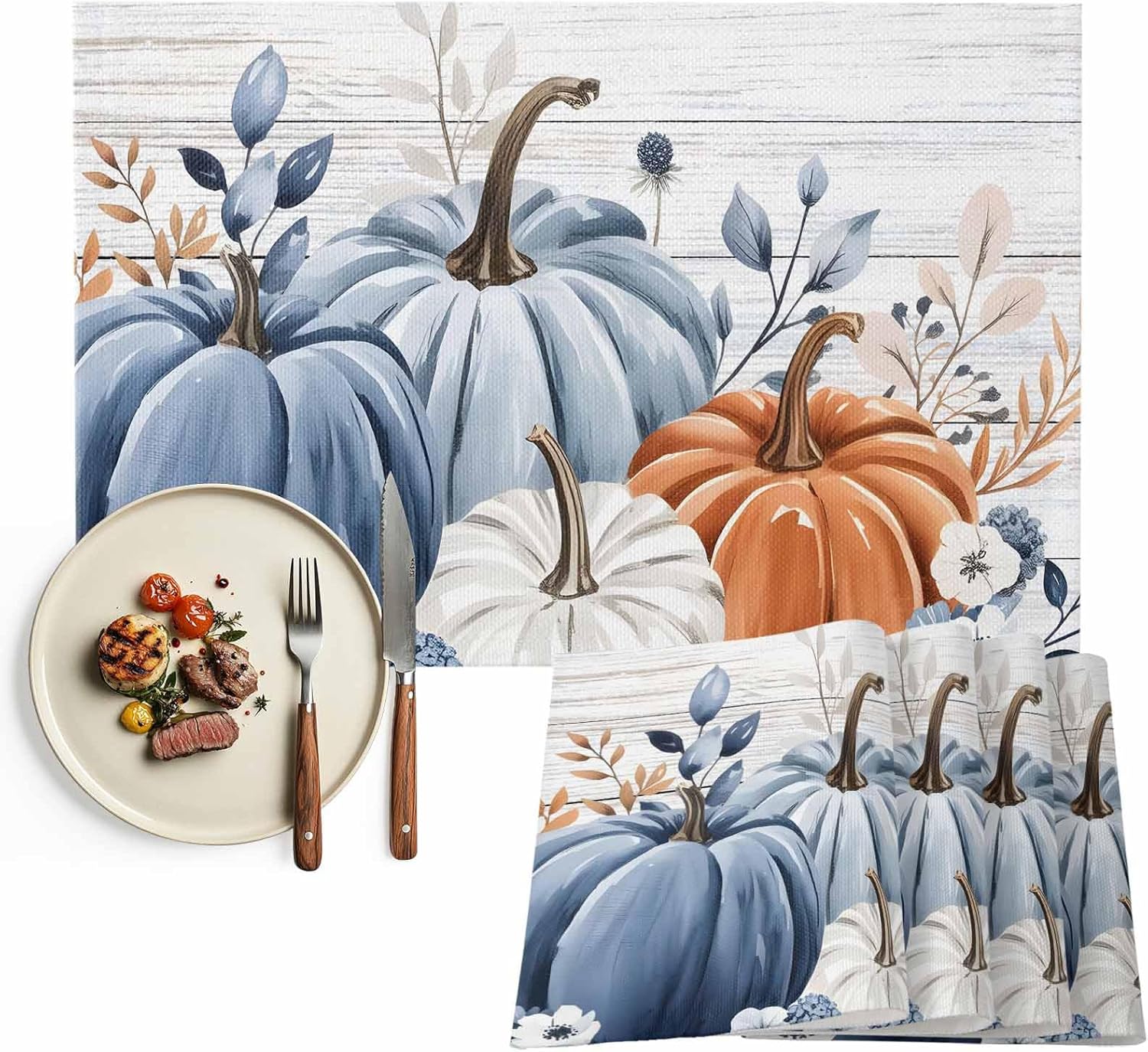 Fall Placemats Blue Pumpkin Place Mats for Dining Room Dinner Table Leaves Floral Wood Grain Washable Table Mats Thanksgiving Kitchen Decorations Set of