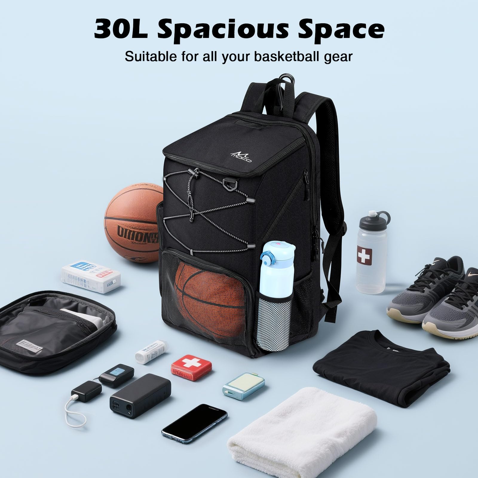 MoKo Sac de basket-ball, sac à dos de basket-ball avec sac à chaussures respirant, sac à dos avec plusieurs poches, crochet de clôture caché et port de charge pour les amateurs de sport de ballon
