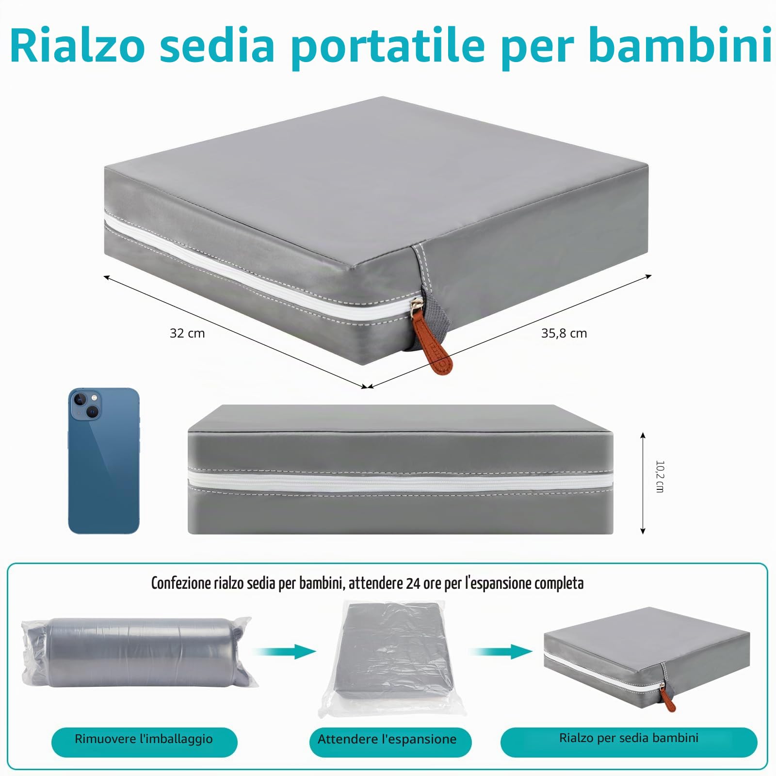 Rialzo Sedia Bambini Flessibile Lavabile Rimovibile Portatile PU Rialzo Sedia Bambini da Tavolo 2 Regolabile Cinghiette Antiscivolo Alzasedia Portatile per Usare Casa Viaggio(Grig)