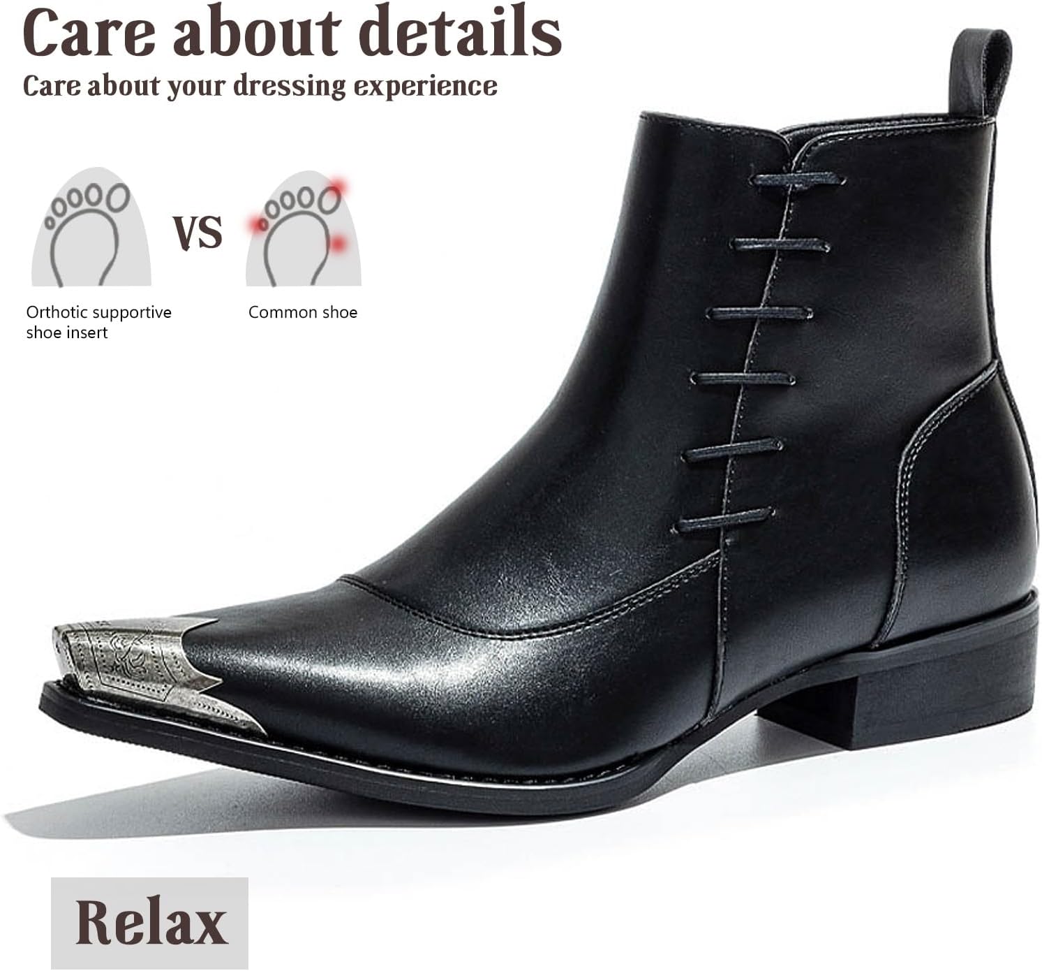 Men’s Western Pointed Toe Ankle Boots with Metal Toe Cap Side Zipper Comfortable Non Slip Dress Boots for Back to School and Banquet - Image 6