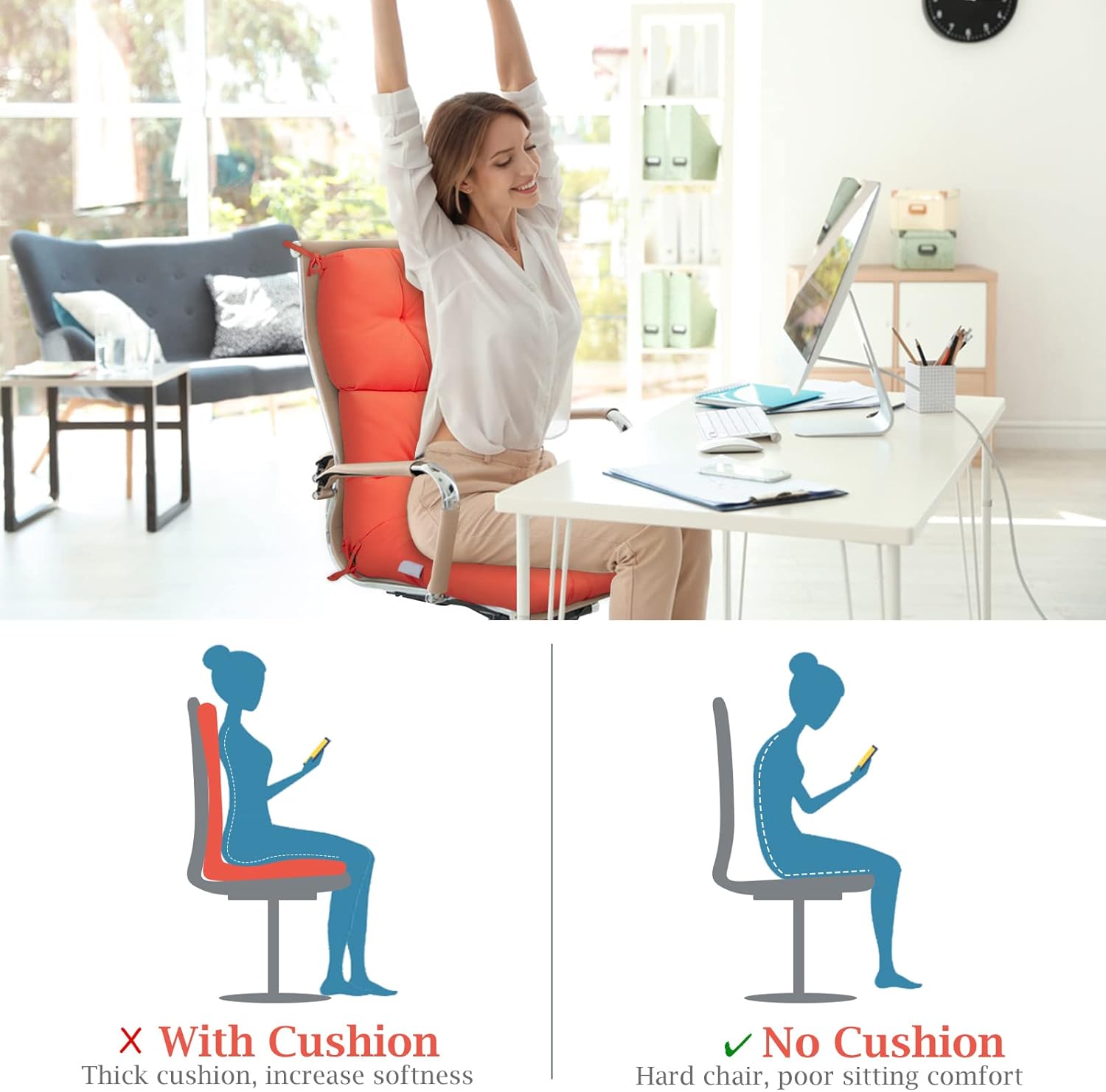 Graffy Outdoor Chair Cushions 45” x 22” x 4.5”, High Back Tufted Seat Cushion with Ties, Waterproof All-Weather Indoor Rocking Chair Replacement Pads, Patio Wicker Furniture Cushions, Orange