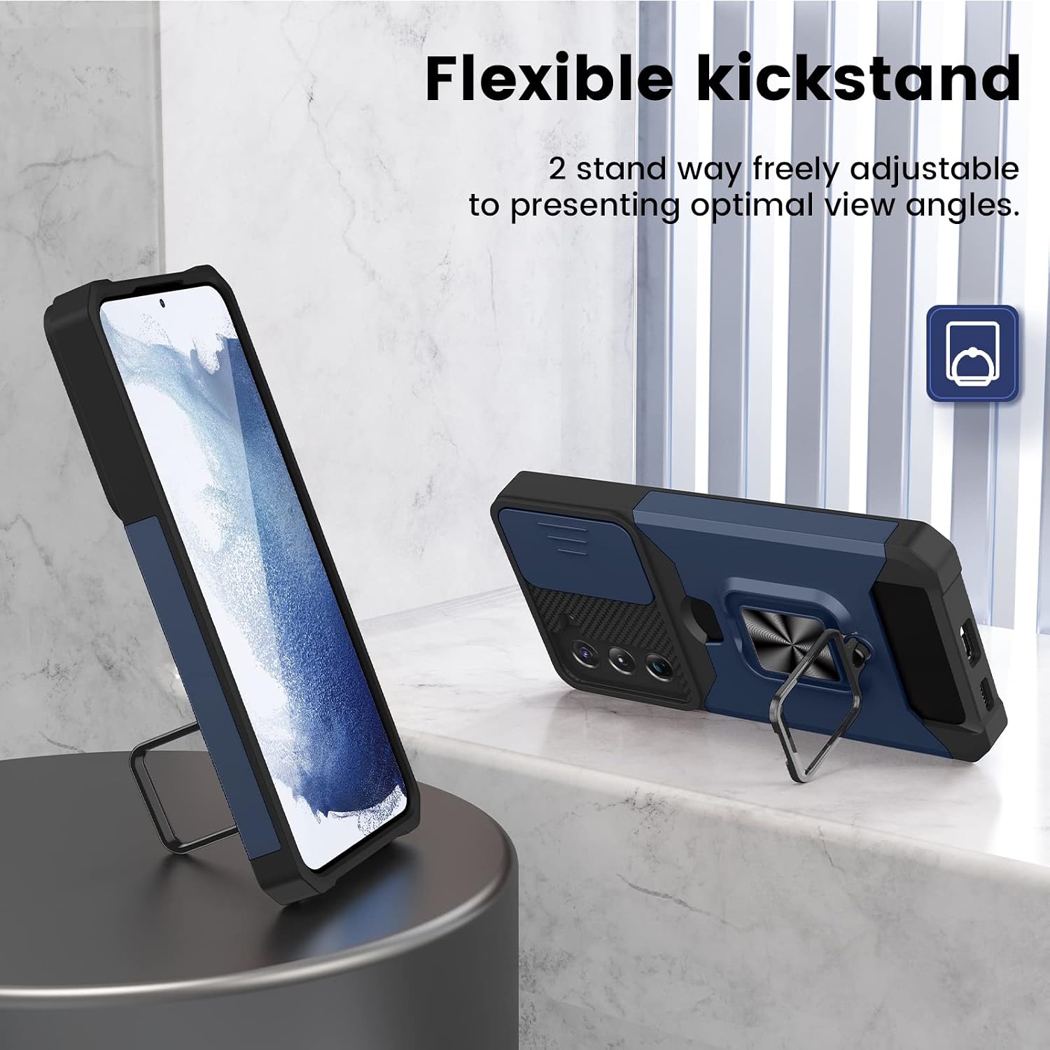 Caka Designed for Samsung Galaxy S22 Case with Screen Protector Ring Stand Slide Camera Cover, Heavy Duty Protective Wallet Phone Case with Kickstand Card Holder for Galaxy S22 5G 6.1"-Blue