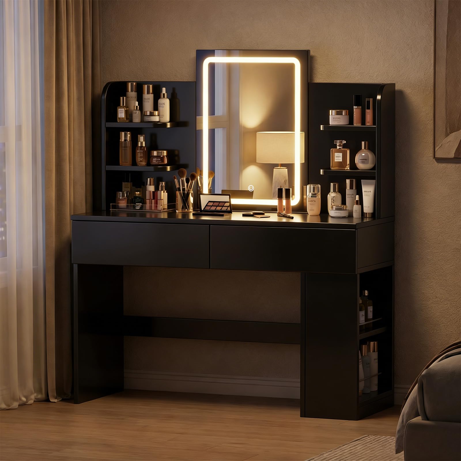 JUMMICO Schminktisch mit Spiegel und Beleuchtung, 3-farbige LED-Beleuchtung, 2 Schubladen, seitlicher Aufbewahrungsschrank, Schwarz, 135x108x40 cm