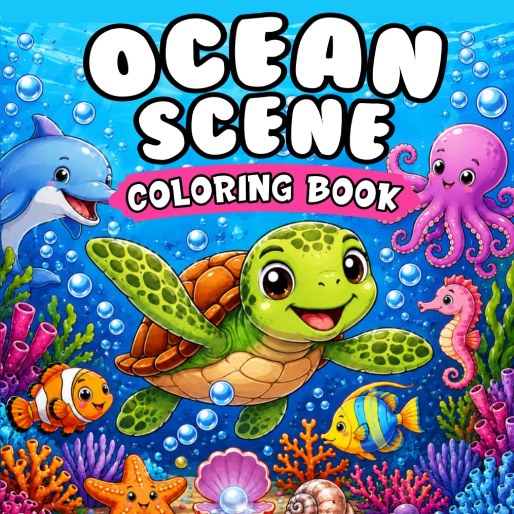 Ocean Scene Coloring Book: Cute and Relaxing Sea Life Coloring Pages Featuring Dolphins, Turtles,Starfish,Seahorse and Ocean Friends for kids and adults