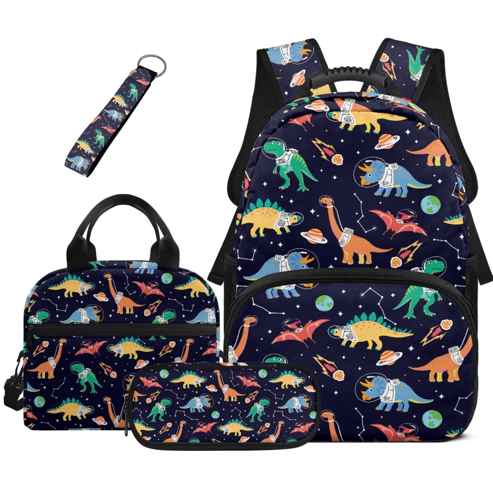 HUGS IDEA Zaino per ragazzi con portapranzo da 43,2 cm, impermeabile, borsa per libri scolastici, astuccio portachiavi 4 in 1, Dinosauro spaziale