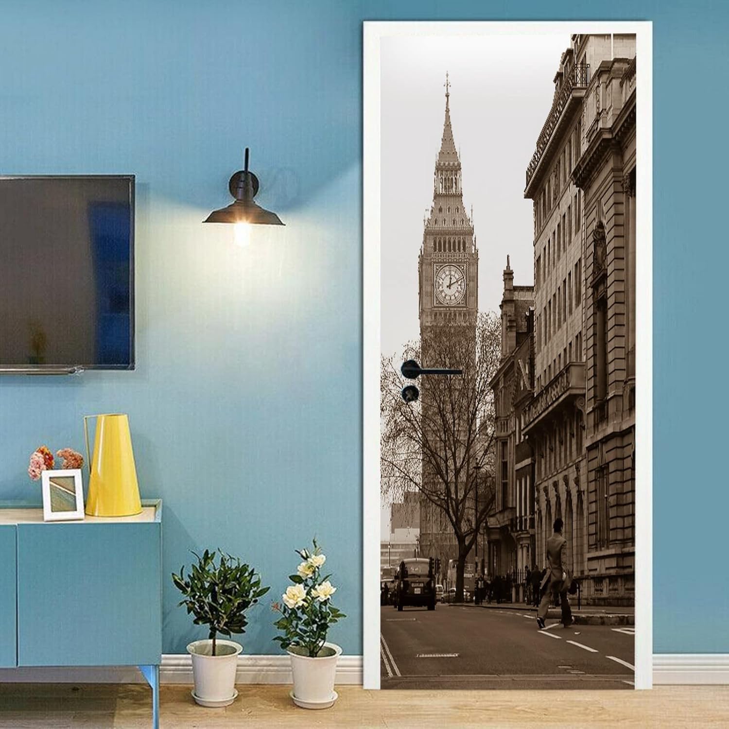 A.Monamour 3D Door Stickers for Interior Doors London Street Scene with Big Ben Vinyl Waterproof Self Adhesive Door Mural Decals for Bedroom Office Bathroom 90 x 200 cm